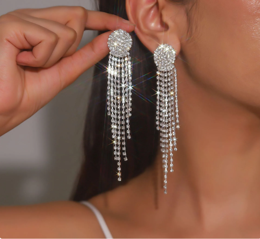 Sparkling Rhinestone Dangle Drop Earrings - Luxurious Long Fringe Prom Party
