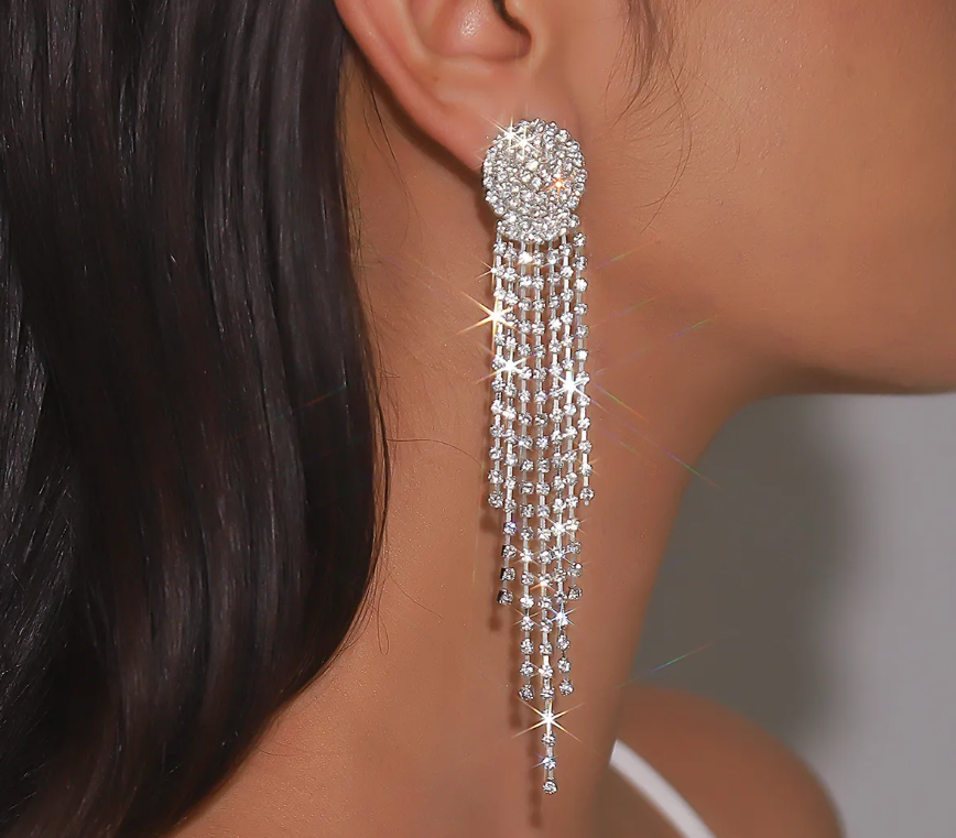 Sparkling Rhinestone Dangle Drop Earrings - Luxurious Long Fringe Prom Party