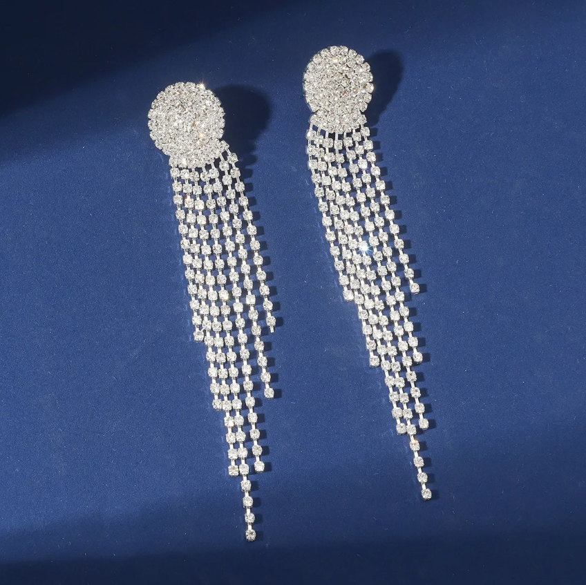 Sparkling Rhinestone Dangle Drop Earrings - Luxurious Long Fringe Prom Party