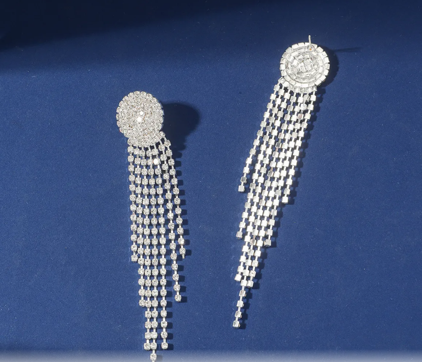 Sparkling Rhinestone Dangle Drop Earrings - Luxurious Long Fringe Prom Party