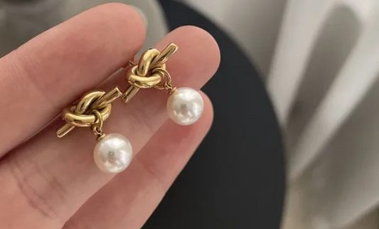 Elegant Knot & Pearl Drop Earrings - 18K Gold Plated Stainless Steel Dangle Studs