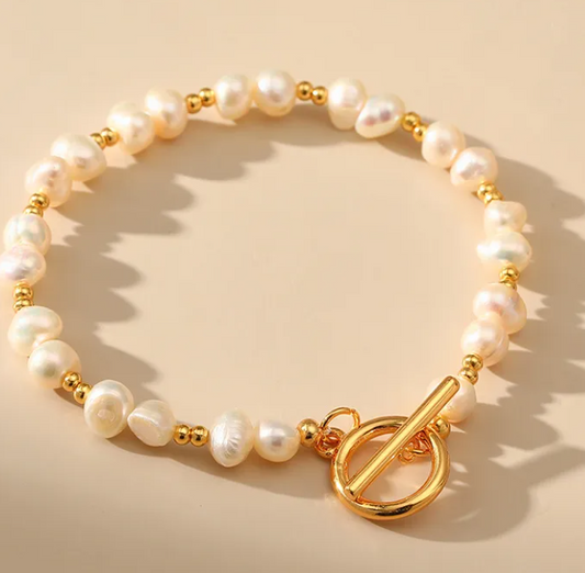 Women's Vintage Style 18K Gold Plated Freshwater Pearl Toggle Bracelet - 17cm/6.69in