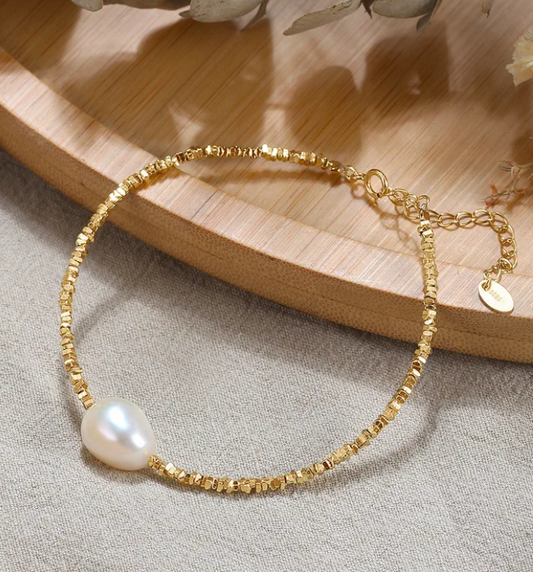 Freshwater Pearl Sterling Silver Beaded Bracelet - 18K Gold Plated - Elegant & Simple