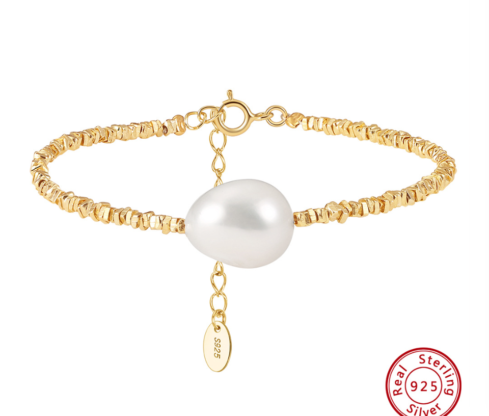 Freshwater Pearl Sterling Silver Beaded Bracelet - 18K Gold Plated - Elegant & Simple