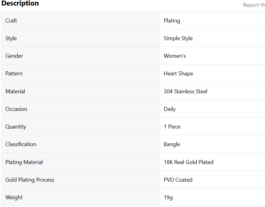 18K Gold Plated Heart Bangle Women's Stainless Steel Simple Style