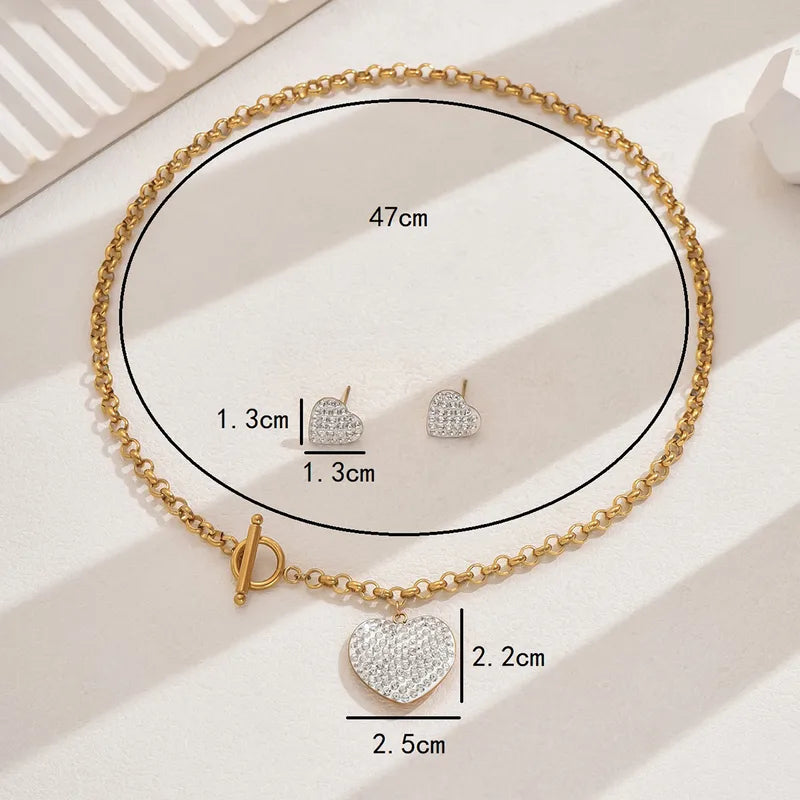 Gold Chain Necklace & Earring Set with Rhinestone Heart Pendant & Toggle Clasp