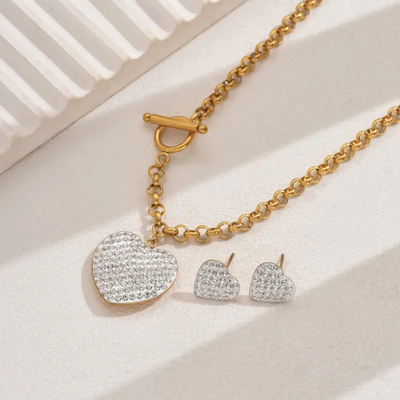Gold Chain Necklace & Earring Set with Rhinestone Heart Pendant & Toggle Clasp