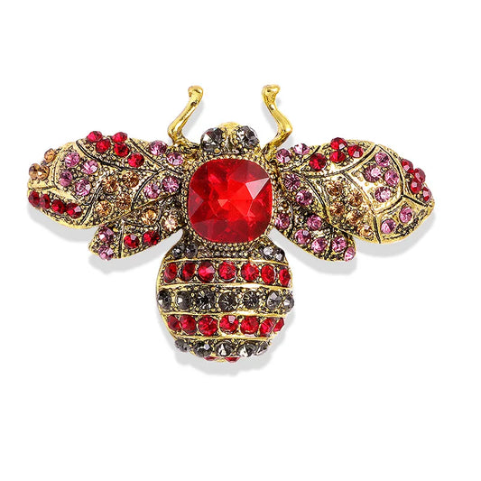 Bee Brooch with Red and Multicolor Rhinestones  Retro Insect Pin