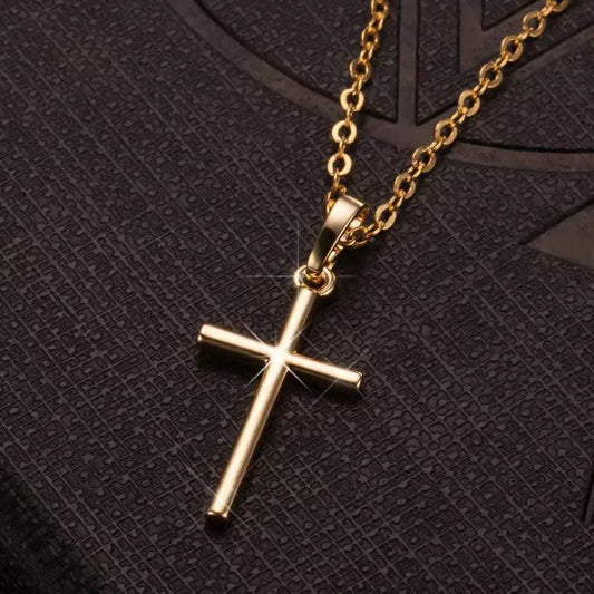Gold Tone Cross Pendant Necklace  Classic Retro Chain, Womens Jewelry
