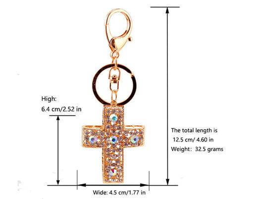 Gold Tone Cross Keychain  Blue Rhinestone Pave with Lobster Clasp