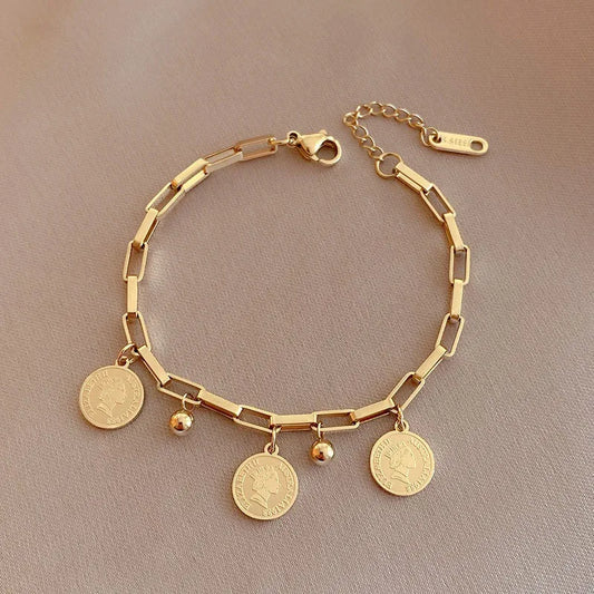 Royal Theme Gold Tone Paperclip Chain Bracelet with Coin and Bead Charms