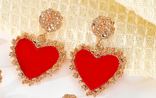 Cute Sweet Red Heart Drop Earrings - Gold Tone Textured Alloy
