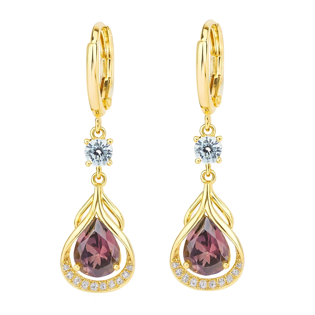 Teardrop Dangle Earrings, Rose Pink Rhinestone & Pave, Gold Tone