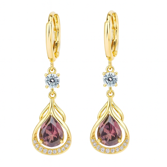 Teardrop Dangle Earrings, Rose Pink Rhinestone & Pave, Gold Tone