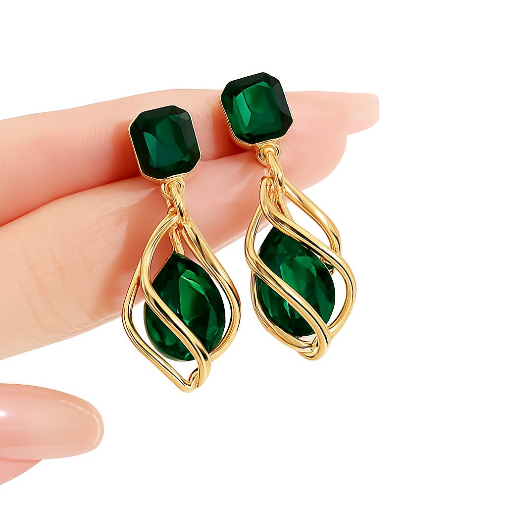 Emerald Green Dangle Earrings  Gold Tone Vine Design with Faceted Stones