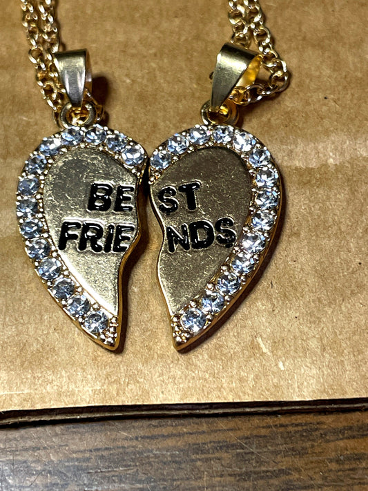 Gold Tone Best Friends Heart Pendant Necklace with Rhinestones (2 Piece)