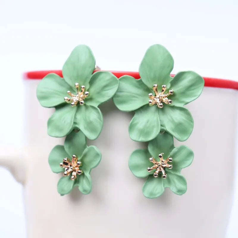 Metal Double Flower Drop Earrings with Gold Stamen Centers - Multiple Colors