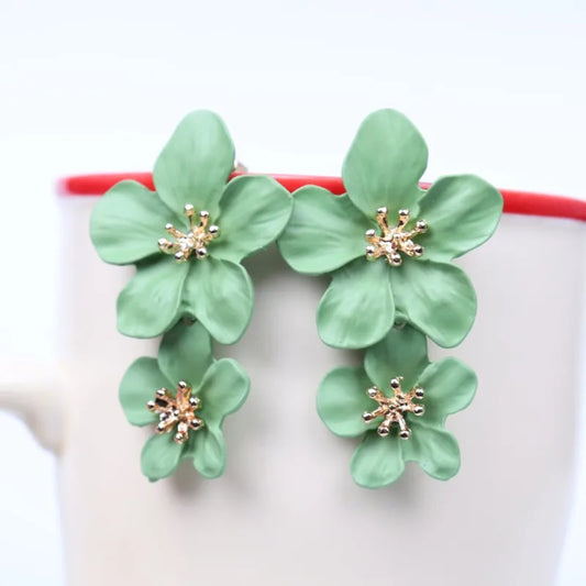 Metal Double Flower Drop Earrings with Gold Stamen Centers - Multiple Colors