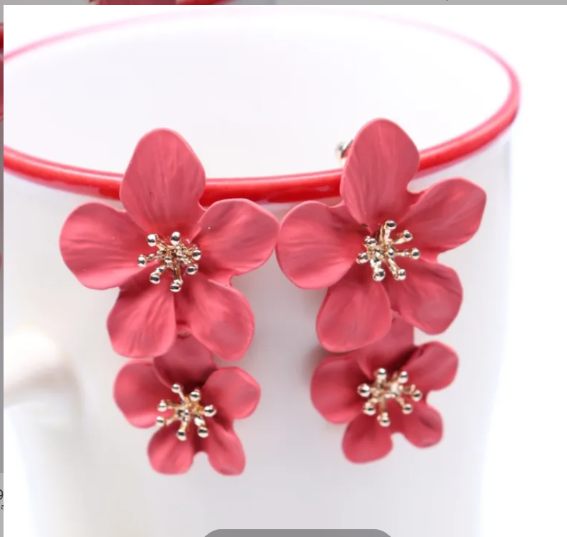 Metal Double Flower Drop Earrings with Gold Stamen Centers - Multiple Colors