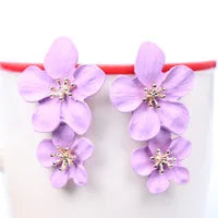 Metal Double Flower Drop Earrings with Gold Stamen Centers - Multiple Colors