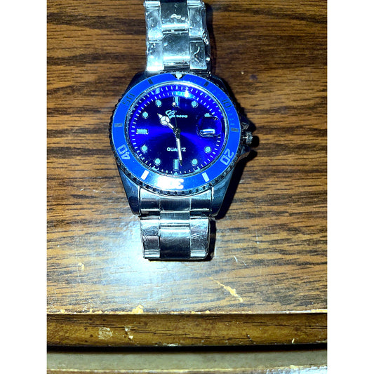 Geneva Blue Dial Quartz Watch Stainless Steel Band Men’s Fashion Wristwatch