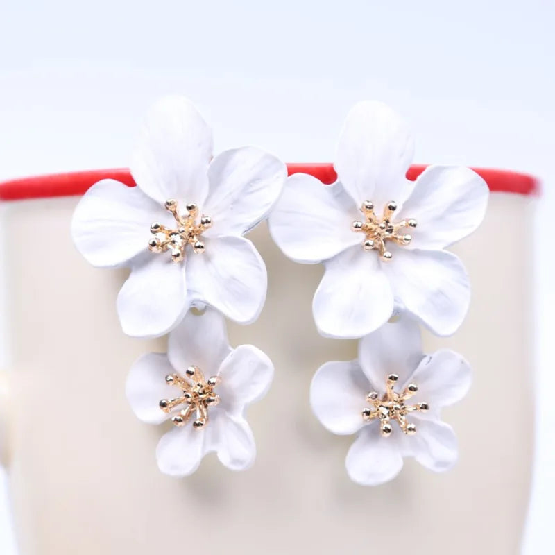 Metal Double Flower Drop Earrings with Gold Stamen Centers - Multiple Colors