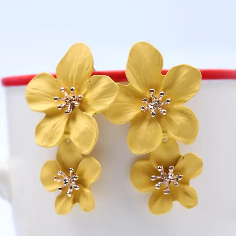 Metal Double Flower Drop Earrings with Gold Stamen Centers - Multiple Colors